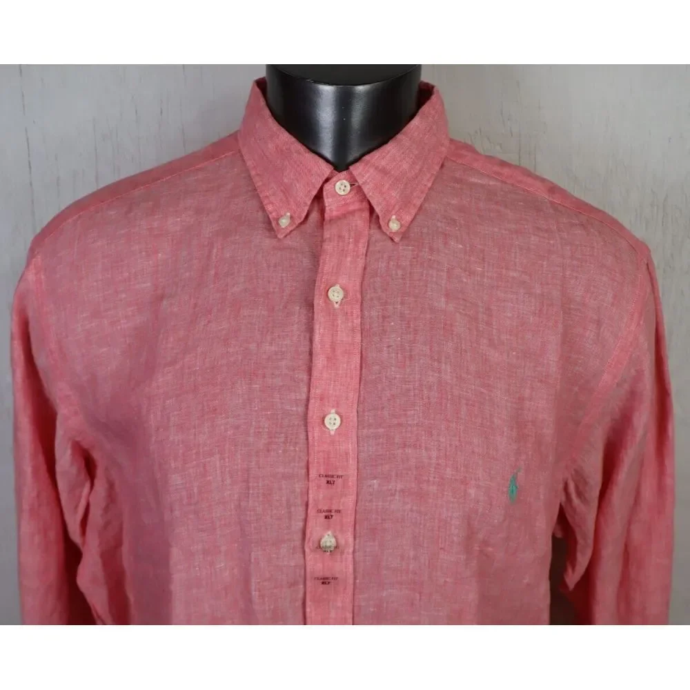 Polo Ralph Lauren Classic Button Front Dress Shirt Size XLT Linen New Pink Green